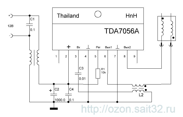 Схема генератора на TDA7056A для катушек мишина, посоха Монарха, комби озонатора.